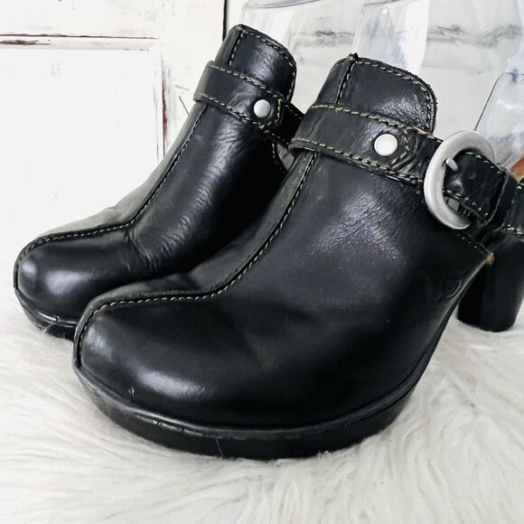 Boc Born Concepts Black Leather Heeled Clogs Mules - Size US9 EU40 - Picture 2 of 9